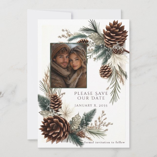 Reserva La Fecha Winter Wedding Pine Cones Pine Needles (Anverso)