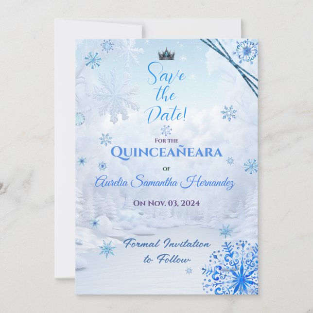 Reserva La Fecha Winter Wonderland Quinceañera salva la fecha (Anverso)