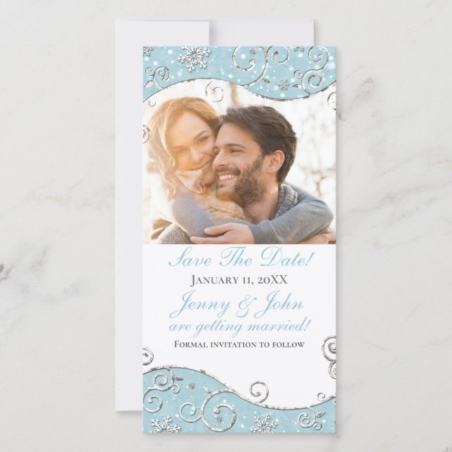 Reserva La Fecha Winter Wonderland Snowflakes Swirl Photo Card (Anverso)