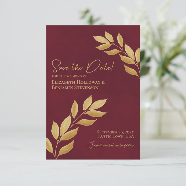 Reserva La Fecha Wistful Leaves Elegant Burgundy and Gold Wedding (Anverso de pie)
