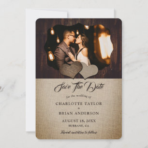 Reserva La Fecha Wood Burlap Lace Country Barn Boda Foto