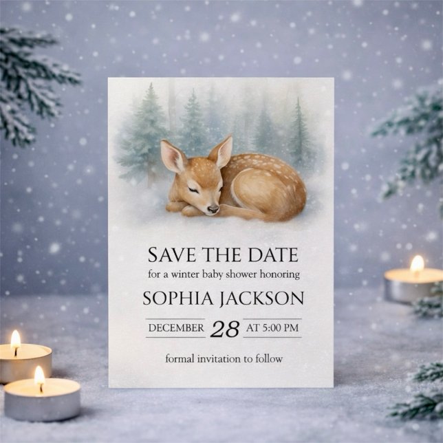 Reserva La Fecha Woodland Sleeping Baby Deer Winter Baby Shower (Woodland Sleeping Baby Deer Winter Baby Shower Save The Date)