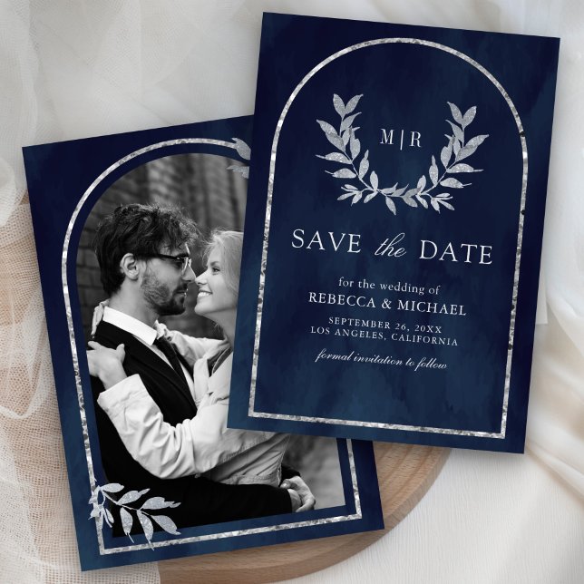 Reserva La Fecha Wreath de Laurel de plata deja Boda azul de la Mar (Subido por el creador)