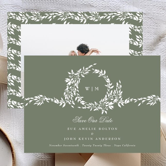 Reserva La Fecha Wreath Monogram Sage Green Classic Photo Boda (Subido por el creador)