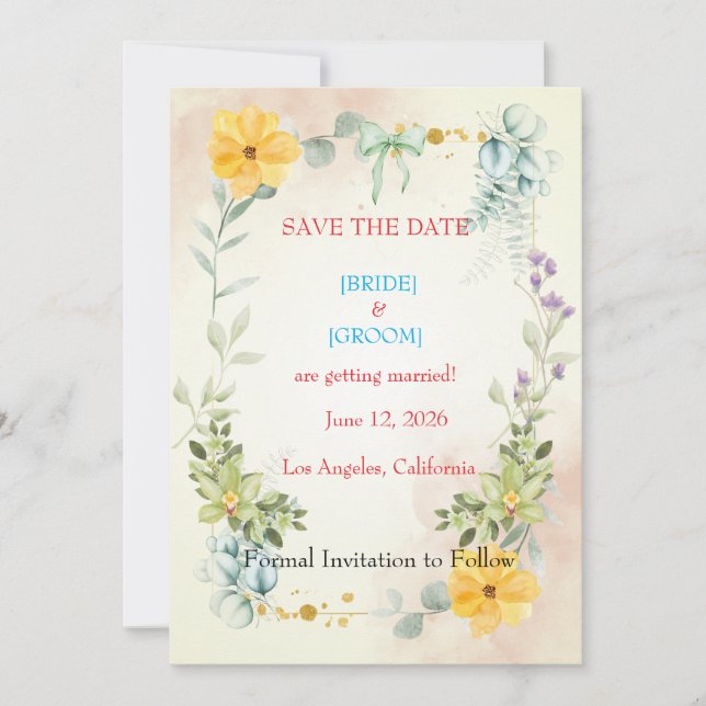 Reserva La Fecha Yellow and Pink Floral Save the Date Card (Anverso)