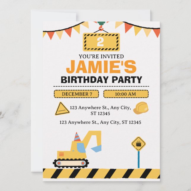 Reserva La Fecha Yellow Cute Construction Truck Boys 2nd Birthday (Anverso)