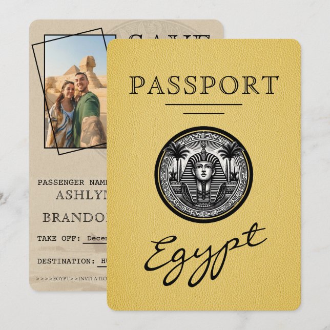 Reserva La Fecha Yellow Egypt Passport Wedding Save the Date (Anverso / Reverso)