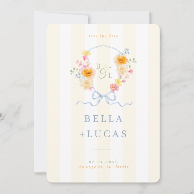 Reserva La Fecha Yellow Stripe Floral Crest Monogram Spring Wedding (Anverso)