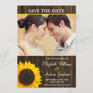 Reserva La Fecha Yellow Sunflower Barn Wood Photo Save the Date