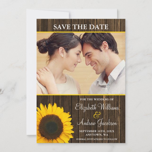 Reserva La Fecha Yellow Sunflower Barn Wood Photo Save the Date (Anverso)