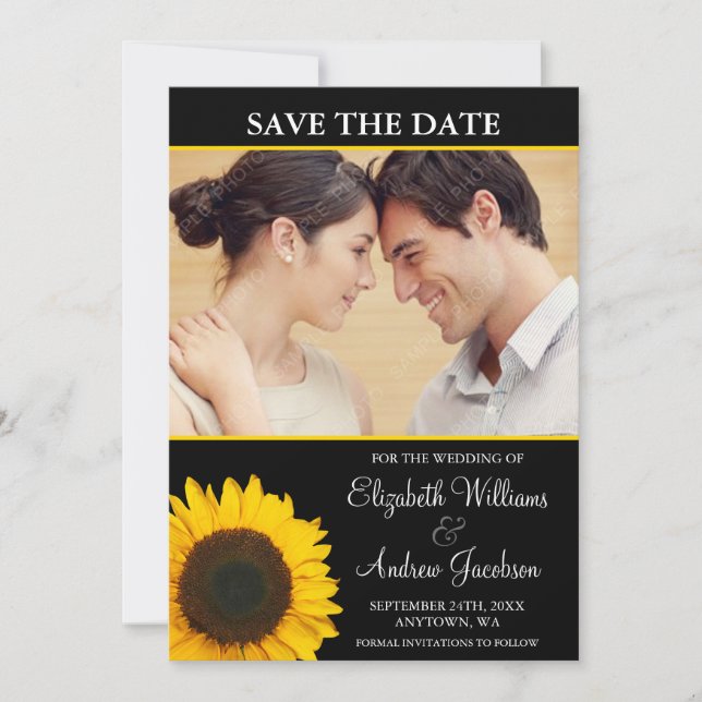 Reserva La Fecha Yellow Sunflower Black Photo Save the Date (Anverso)