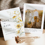 Reserva La Fecha Yellow Wildflower Sunflower Wedding Photo Back<br><div class="desc">A romantic yellow sunflower and wildflower photo save the date card featuring soft watercolor florals and an elegant botanical layout. The delicate golden yellow blooms frame a warm engagement photo beautifully, creating a timeless garden-inspired design. Perfect for sunflower weddings, wildflower themes, countryside venues, and romantic outdoor celebrations. The airy floral...</div>