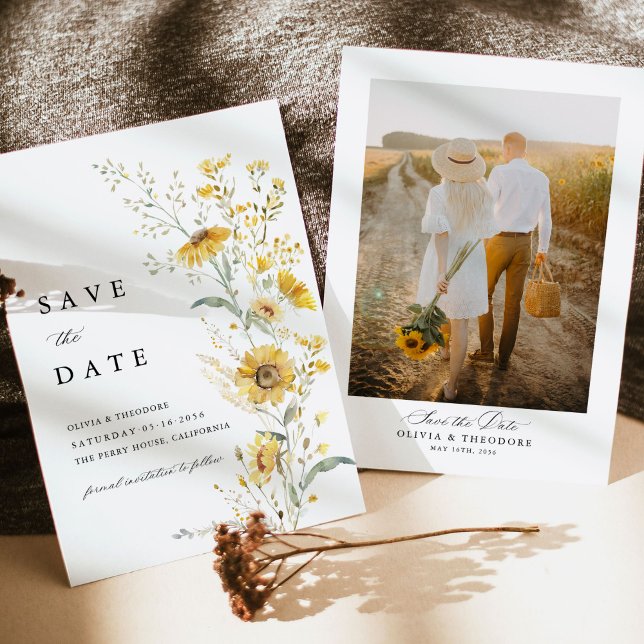 Reserva La Fecha Yellow Wildflower Sunflower Wedding Photo Back (Yellow sunflower wildflower photo save the date card elegant rustic garden wedding stationery)