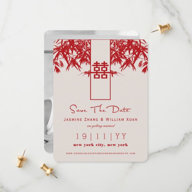 Reserva La Fecha Zen Bamboo Doble Felicidad Chino Save The Date (Anverso/Reverso In Situ)