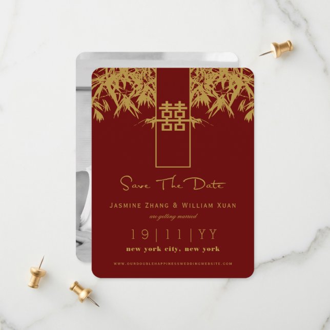 Reserva La Fecha Zen Bamboo Doble Felicidad Chino Save The Date (Anverso/Reverso In Situ)