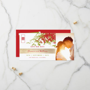 Reserva La Fecha Zen verde rojo Bamboo deja foto a Boda chino