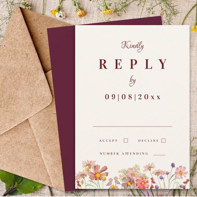 Respuesta a la boda de la caída de Flor silvestre  (Elegant wildflower burgundy fall wedding invitation RSVP enclosure card)
