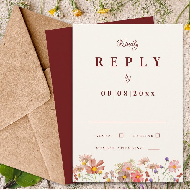 Respuesta a la boda de la caída del Boho Terracott (Wildflower boho terracotta burgundy fall wedding invitation rsvp enclosure card with elegant script )