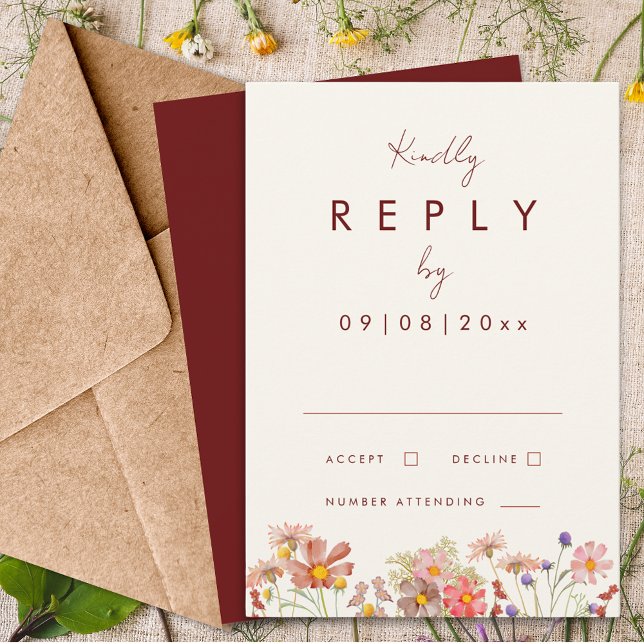 Respuesta a la boda de la caída del Boho Terracott (Wildflower boho burgundy terracotta fall wedding reply enclosure card)