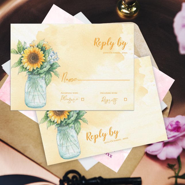 Respuesta a la boda de Mason Jar Rustic Sunflower  (Mason Jar Rustic Sunflower Country Wedding Reply RSVP Card)