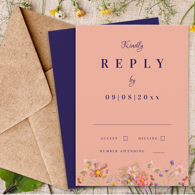 Respuesta a la boda de Naranjas quemados por la ma (Wildflower navy blue terracotta burnt orange peach fall wedding invitation reply rsvp enclosure card)