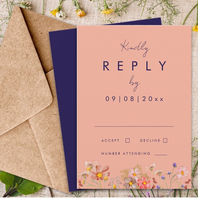 Respuesta a la boda de otoño de la Marina Boho de  (Wildflower boho navy blue peach terracotta fall wedding invitation reply enclosure card)