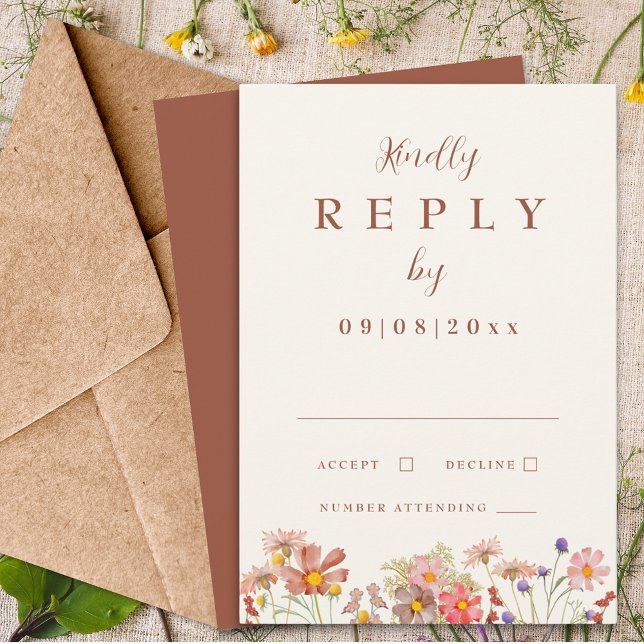 Respuesta a la boda de otoño en Terracotta (Wildflower boho terracotta burnt orange fall wedding invitation rsvp enclosure card)