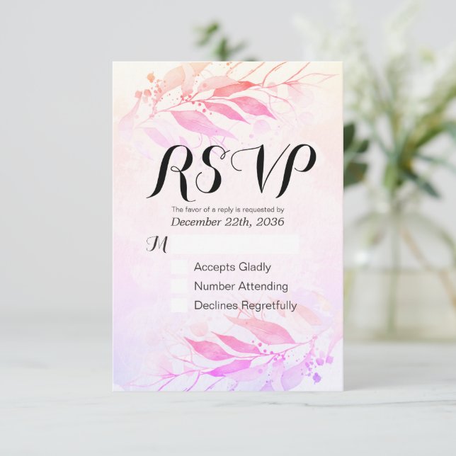 Respuesta amable RSVP boda de hoja de acuarela mag (Anverso de pie)