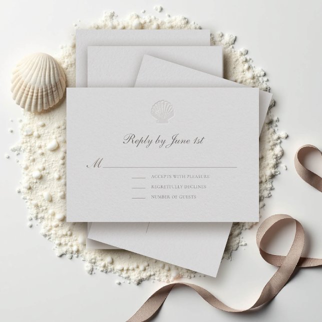 Respuesta Boda formal de la concha costera náutica (nautical wedding rsvp reply coastal modern classic formal traditional elegant shell medium ivory)