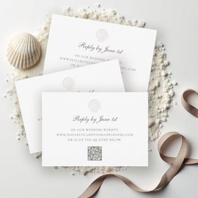 Respuesta Boda pura de la Shell costera náutica QR (nautical wedding rsvp reply coastal modern classic formal traditional shell white elegant)