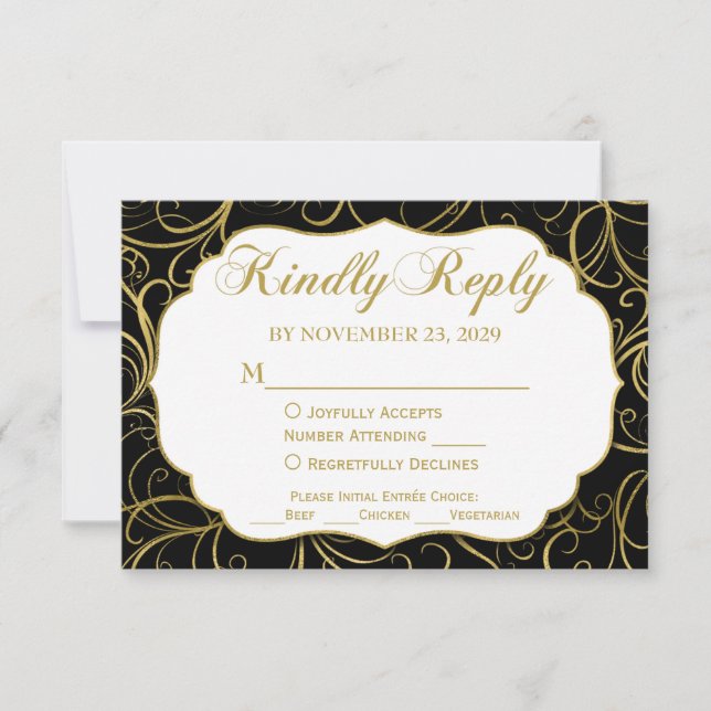 Respuesta Boda RSVP de Black Gold Swirl con comida (Anverso)