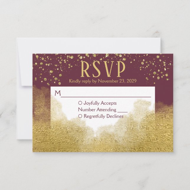 Respuesta Boda RSVP de Burgundy Gold Confetti (Anverso)