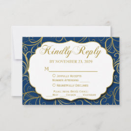Respuesta Boda RSVP de Navy Blue Gold Swirl con co