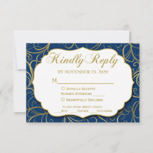 Respuesta Boda RSVP de Navy Blue Gold Swirl con co