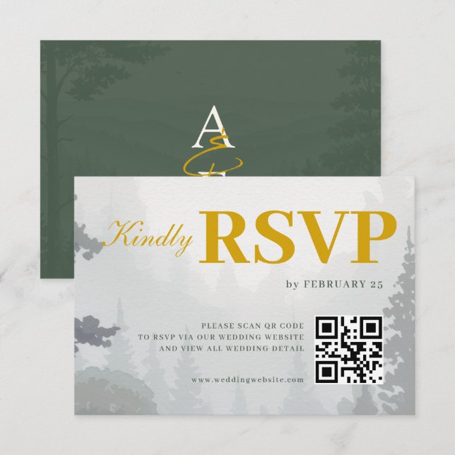 Respuesta de Boda Acuarela Bosque Rústico Verde QR (Anverso / Reverso)