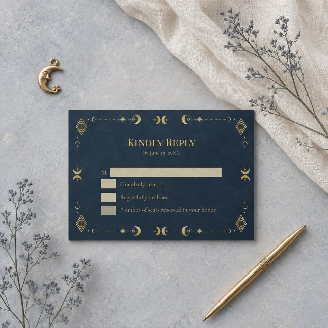 Respuesta de Boda Celestial Gótico Azul Medianoche (Celestial Gothic Midnight Blue Gold Wedding RSVP Card)