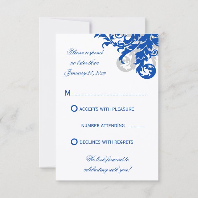 Respuesta de Boda con Floritura Azul Real y Platea (Reverso)