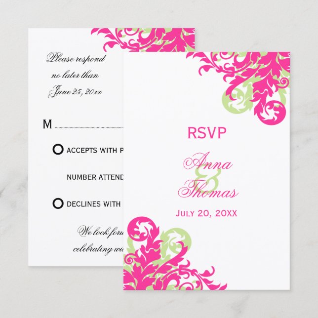 Respuesta de Boda con Florituras Rosa y Verde (Anverso / Reverso)