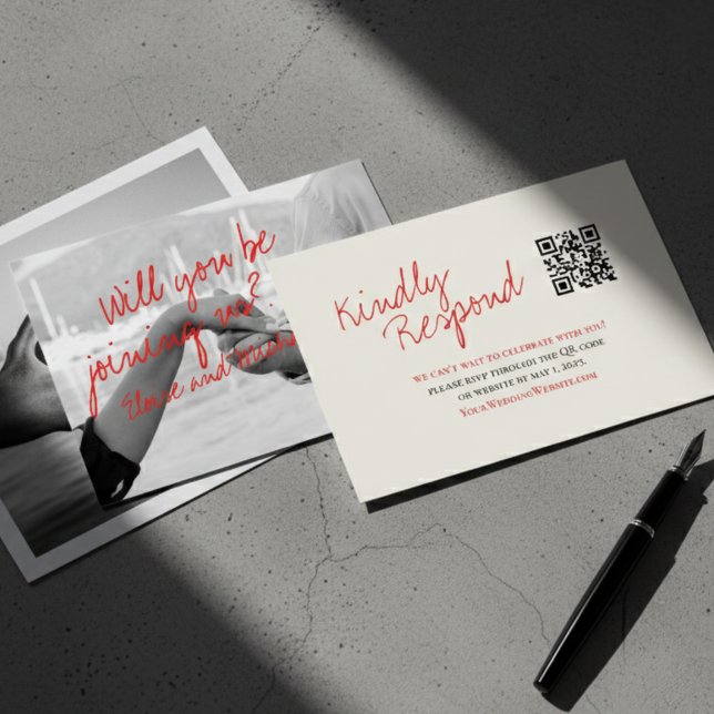 Respuesta de Boda con Foto de Guion Rojo Moderno (Modern Red Script Photo Wedding RSVP)