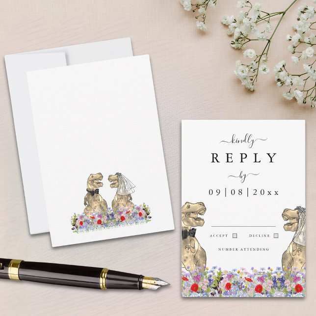 Respuesta de Boda de dinosaurios de flores silvest (Boho wildflower dinosaur wedding invitation rsvp enclosure card with T-Rex bride and groom )