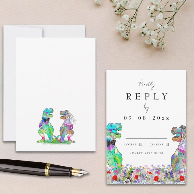 Respuesta de Boda de dinosaurios de flores silvest (Wildflower dinosaur bride and groom wedding rsvp enclosure card)