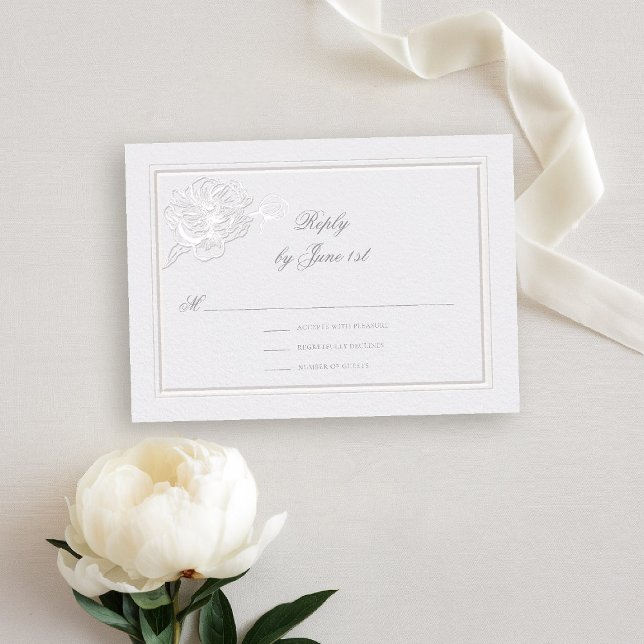 Respuesta de Boda de marfil elegante y formal Peon (peony wedding rsvp reply formal modern classic traditional calligraphy double frame faux embossed)