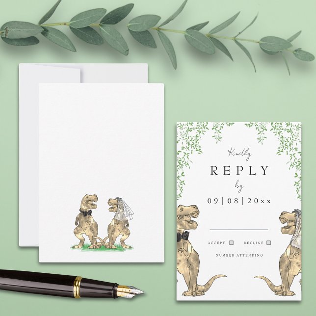 Respuesta de Boda de T-Rex Bride y Groom Dinosaur (Dinosaur theme wedding invitation rsvp enclosure card with eucalyptus watercolor botanicals)