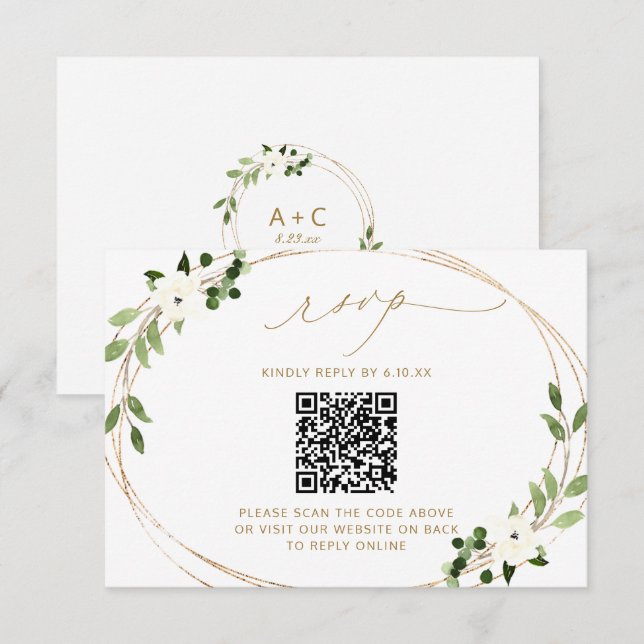 Respuesta de Boda en Línea con Código QR Greenery  (Anverso / Reverso)