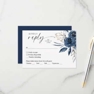 Respuesta de Boda Floral Azul Marino Acuarela RSVP