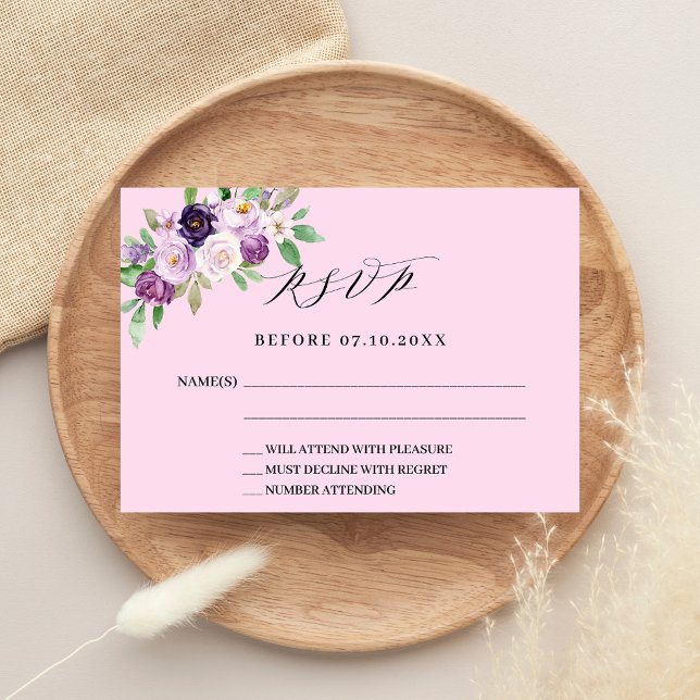 Respuesta de boda floral rosa púrpura tarjeta RSVP (Subido por el creador)