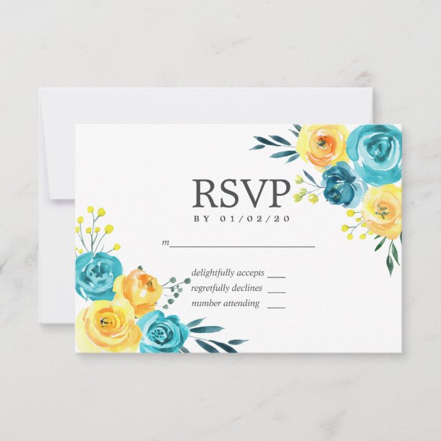 Respuesta de boda floral turquesa y amarillo (Anverso)
