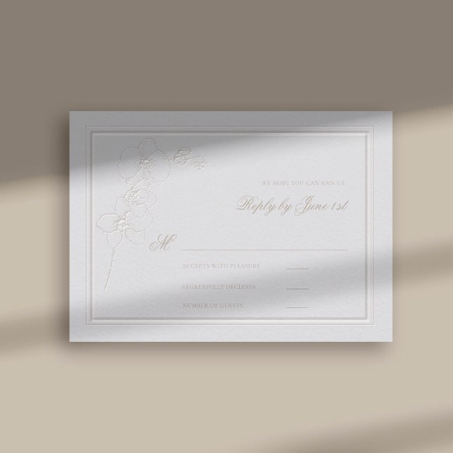 Respuesta de Boda formal del marco Grabado en reli (faux embossed orchids double frame modern classic wedding rsvp response reply ivory)
