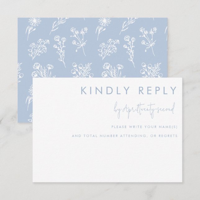 Respuesta de Boda Moderna Floral Azul Minimalista  (Anverso / Reverso)