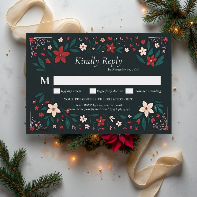 Respuesta de Boda Navideña Roja Elegante Rústica M (mexican wedding rsvp reply christmas theme floral botanical frame poinsettias red white black)
